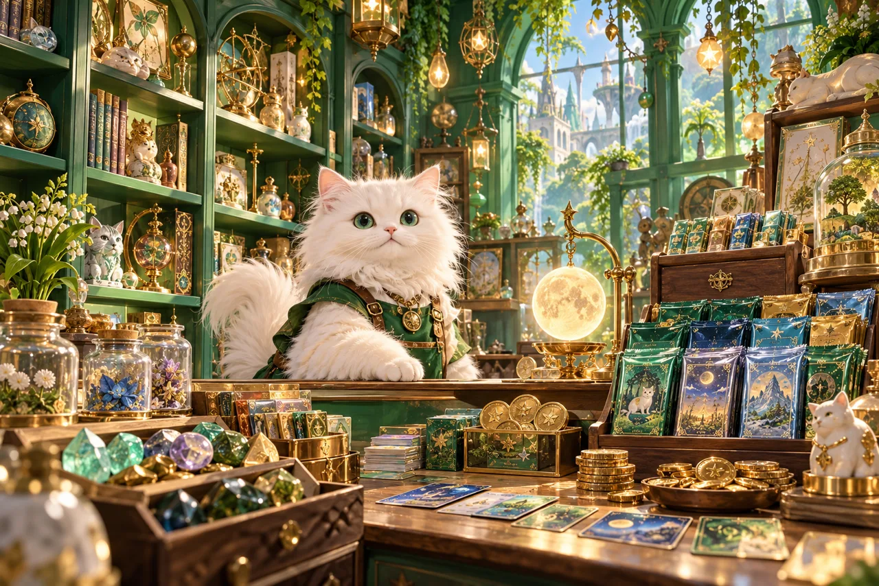Basya behind the counter of a curious little shop