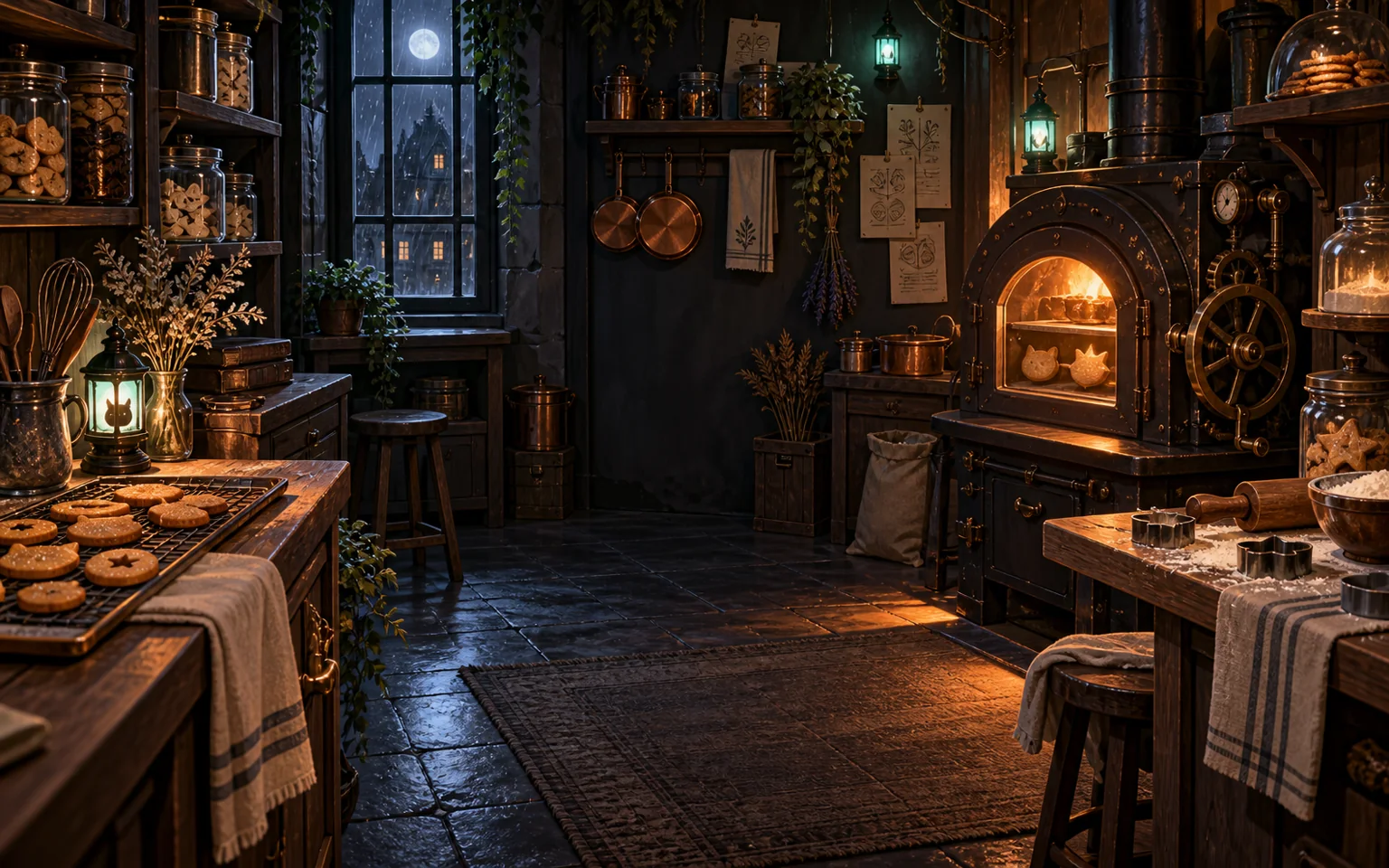 A moonlit workshop filled with ovens, copper pans, and biscuits