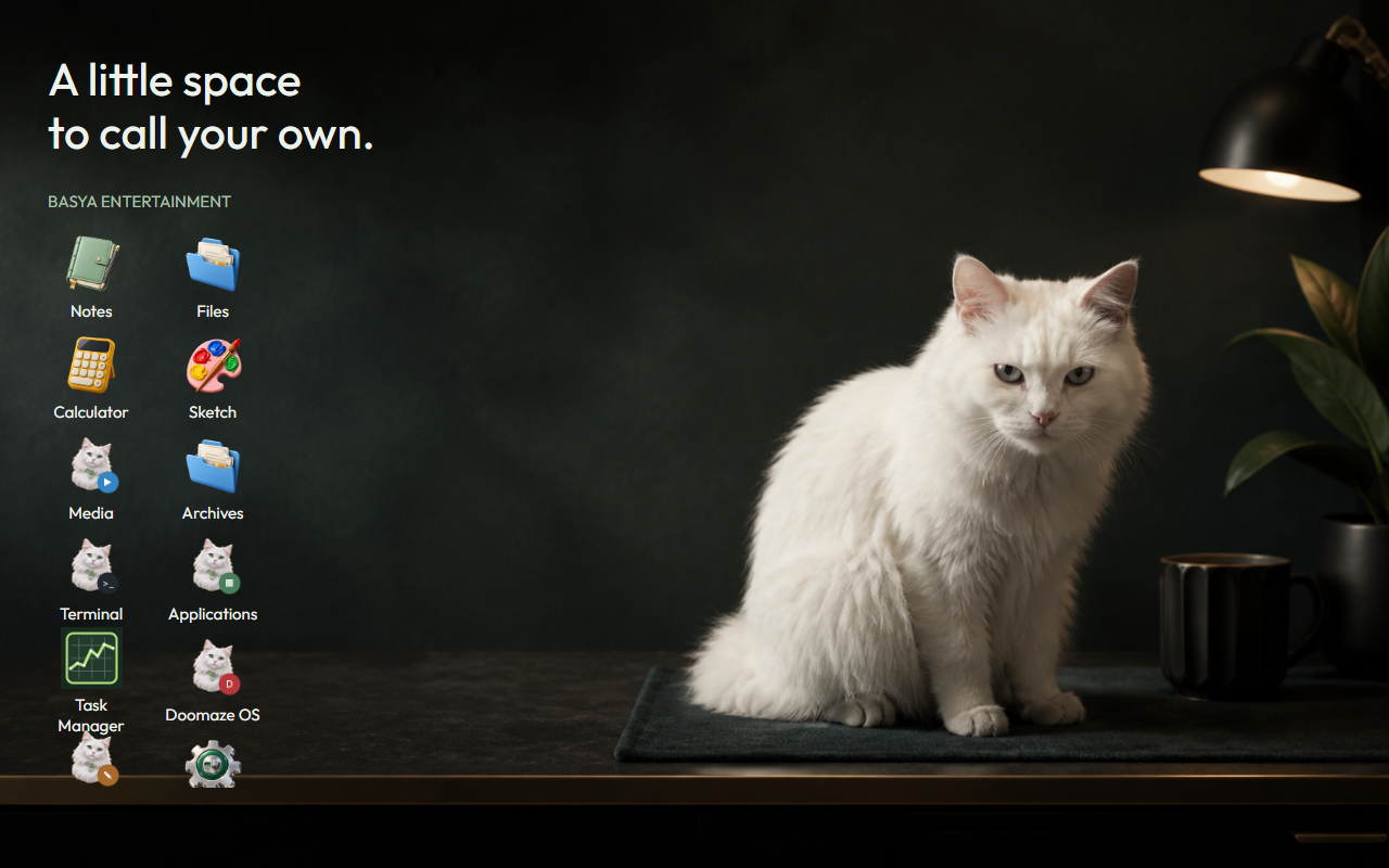 The BasyaOS 0.4.3 desktop with its cat wallpaper, generated app icons, and Task Manager.