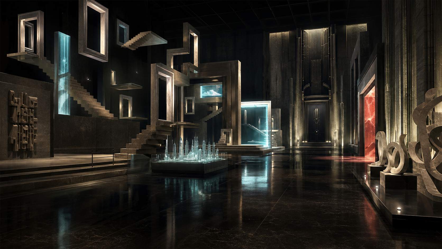 A dark museum hall filled with impossible stairs, portals, and miniature architecture
