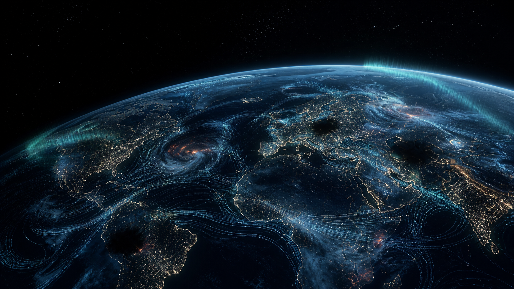 Earth at night beneath streams of network traffic
