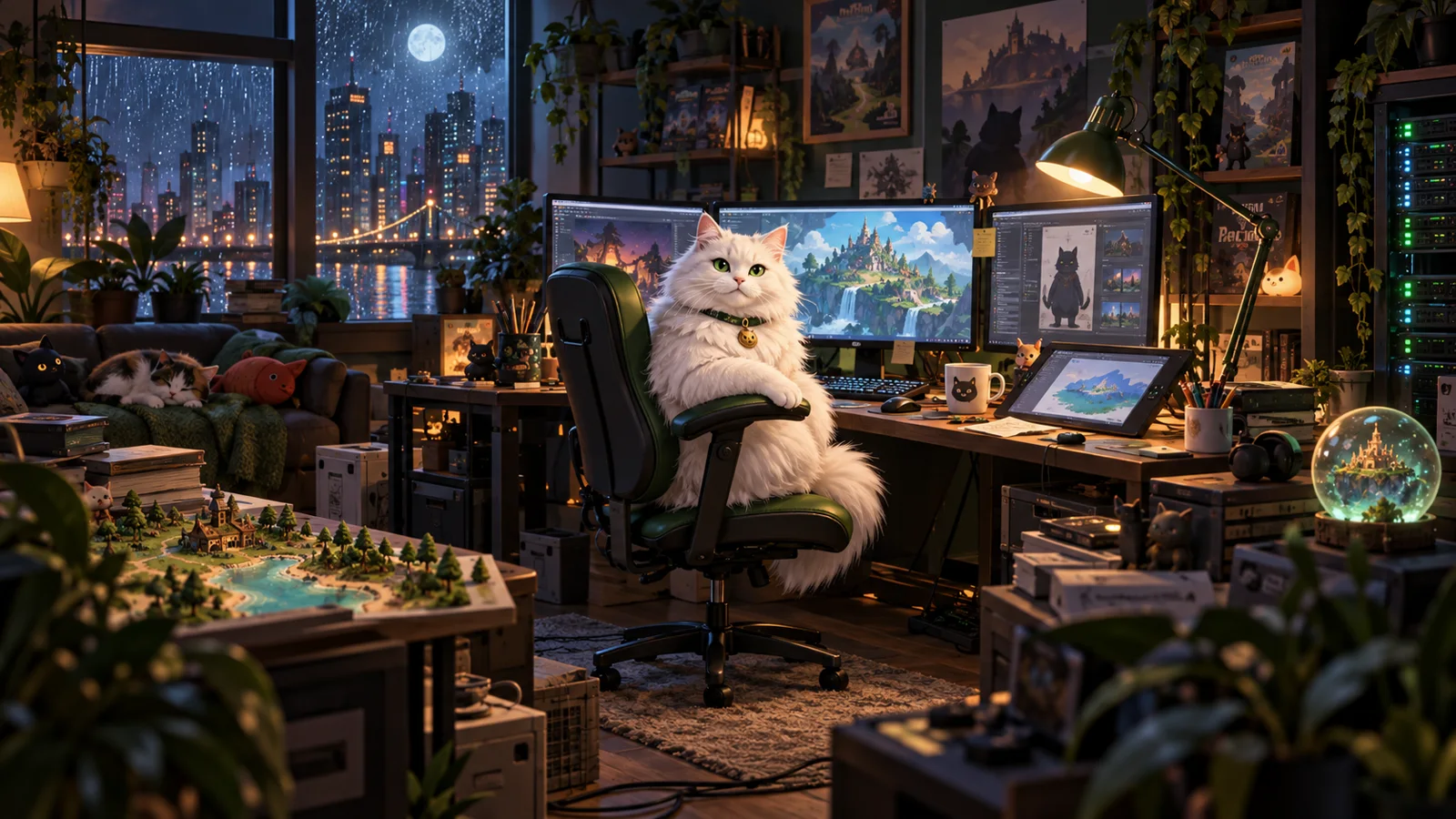 Basya directing a warm game development studio on a rainy night